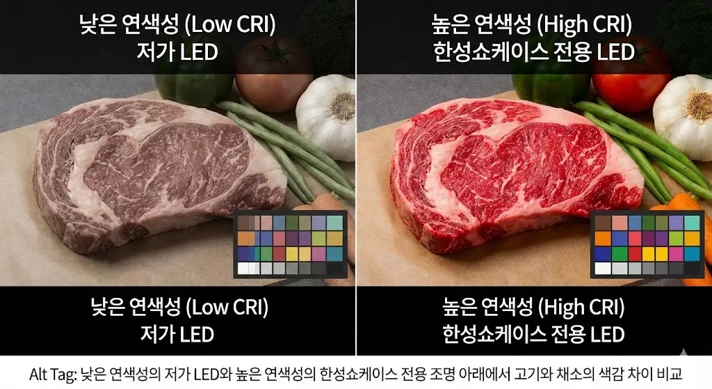 낮은 연색성의 저가 LED와 높은 연색성의 한성쇼케이스 전용 조명 아래에서 고기와 채소의 색감 차이 비교