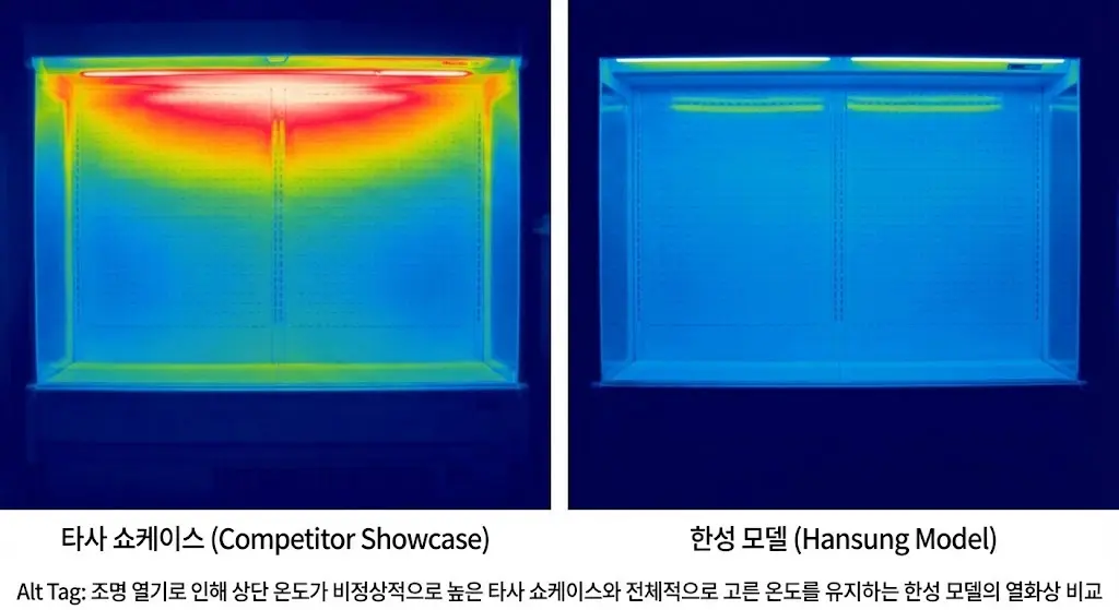 조명 열기로 인해 상단 온도가 비정상적으로 높은 타사 쇼케이스와 전체적으로 고른 온도를 유지하는 한성 모델의 열화상 비교