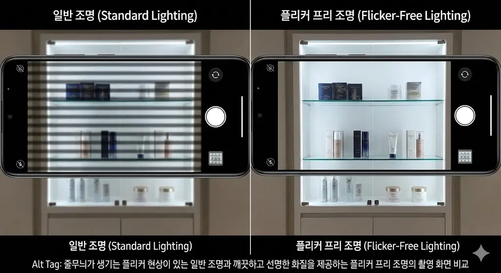 줄무늬가 생기는 플리커 현상이 있는 일반 조명과 깨끗하고 선명한 화질을 제공하는 플리커 프리 조명의 촬영 화면 비교