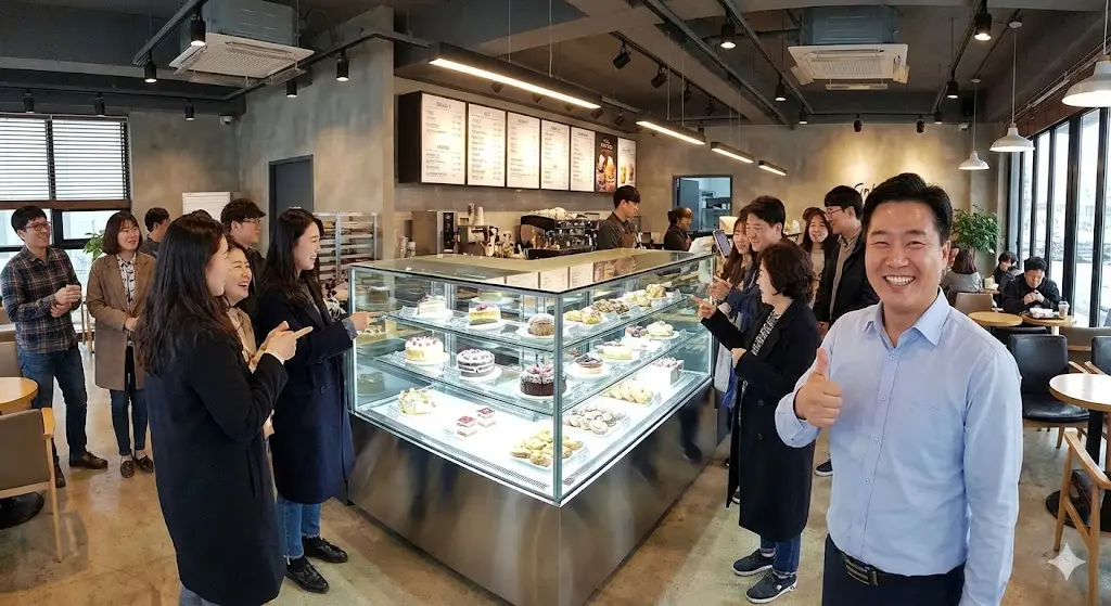 최적의 조명 덕분에 상품 가치가 살아나 손님들로 붐비는 매장 전경과 성공한 사장님의 환한 미소