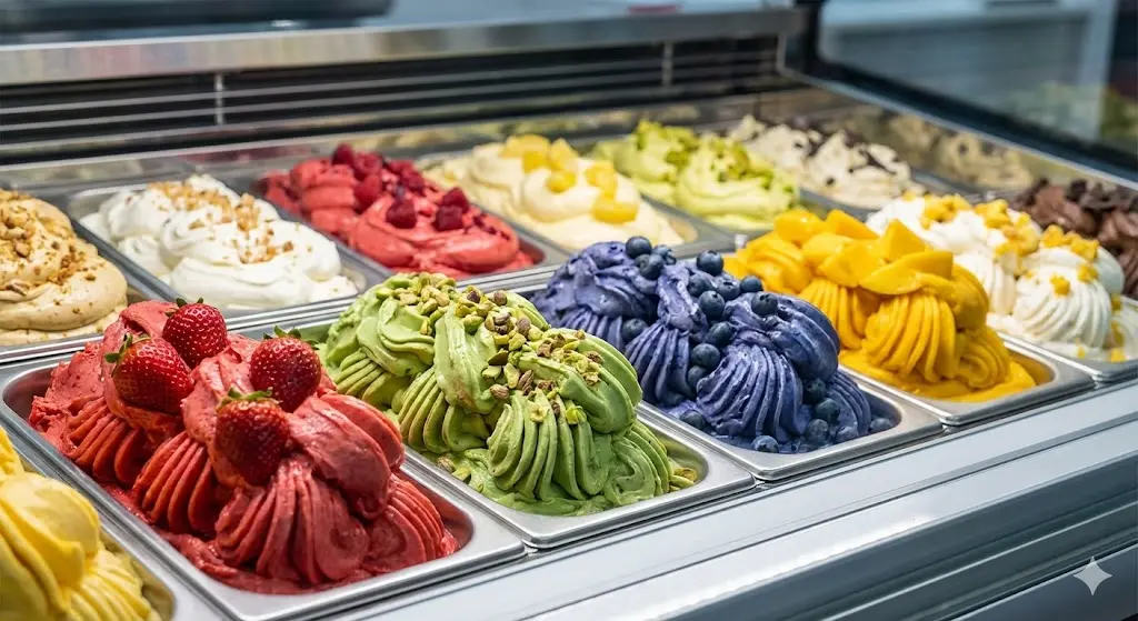 저철분 초투명 유리 너머로 빛나는 보석 같은 젤라또 유리가 없는 듯한 착각을 불러일으킬 만큼 선명한 시인성과 고연색성 조명이 젤라또의 색감을 극대화합니다.