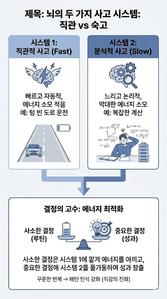뇌과학적 의사결정 원리를 설명하는 인포그래픽. 상단에는 '시스템 1(직관적 사고)'과 '시스템 2(분석적 사고)'를 대조하여 보여준다. 왼쪽의 시스템 1은 빠르고 자동적이며 텅 빈 도로 운전처럼 에너지 소모가 적은 반면, 오른쪽의 시스템 2는 느리고 논리적이며 복잡한 계산처럼 막대한 에너지를 소모함을 시각화했다. 하단에는 '결정의 고수: 에너지 최적화' 전략을 저울 일러스트로 표현하여, 사소한 결정(루틴)은 시스템 1에 맡겨 배터리를 아끼고, 중요한 결정(성과)에는 시스템 2를 풀가동하여 패턴 인식을 강화해야 한다