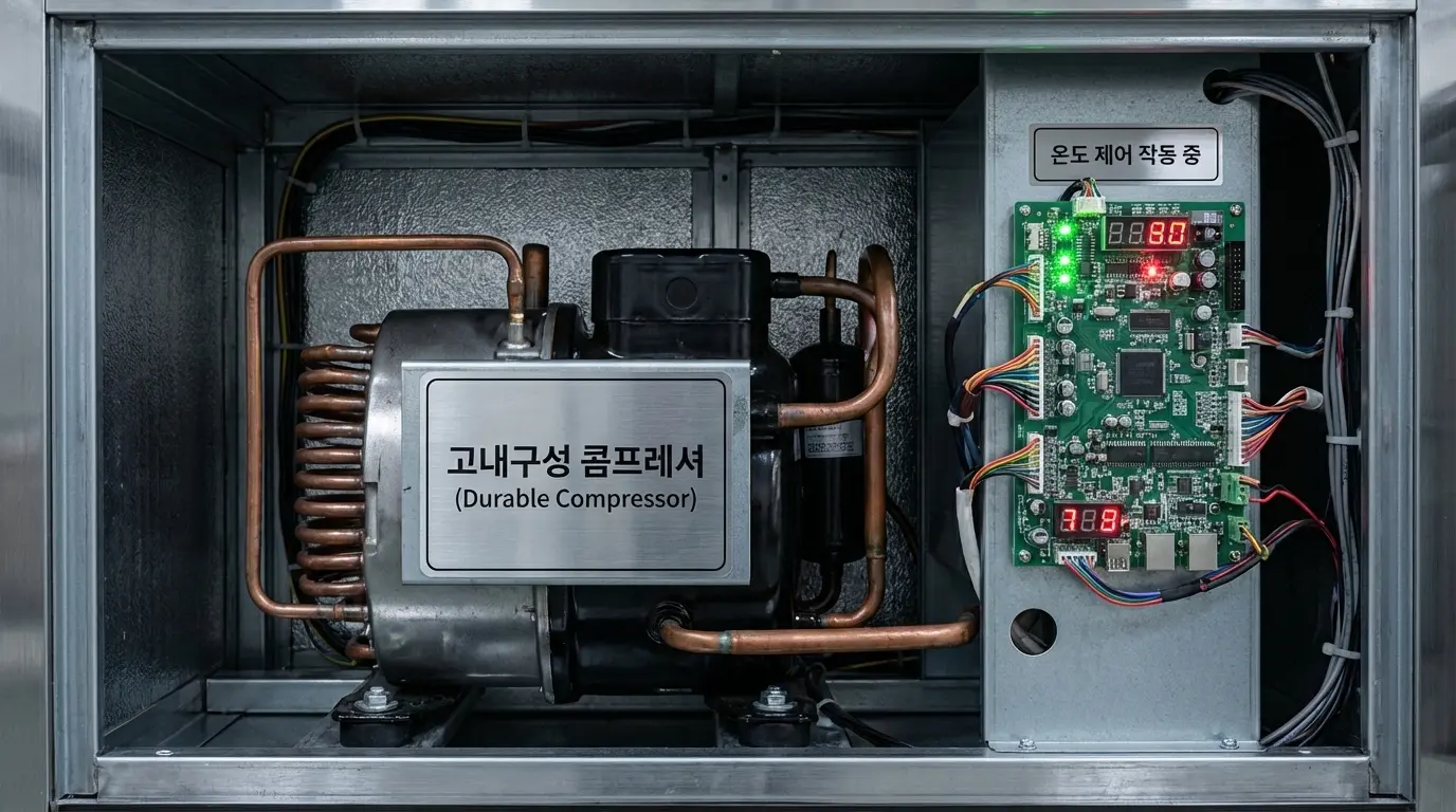 쇼케이스의 심장인 강력한 콤프레셔 엔진과 정밀한 온도 제어 회로 기판