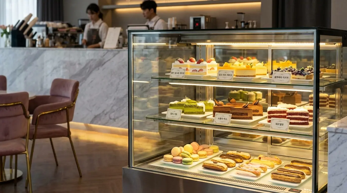 고급스러운 카페에 설치된, 프레임이 없어 시원한 느낌을 주는 3단 제과 쇼케이스 안에 조각 케이크들이 진열된 모습