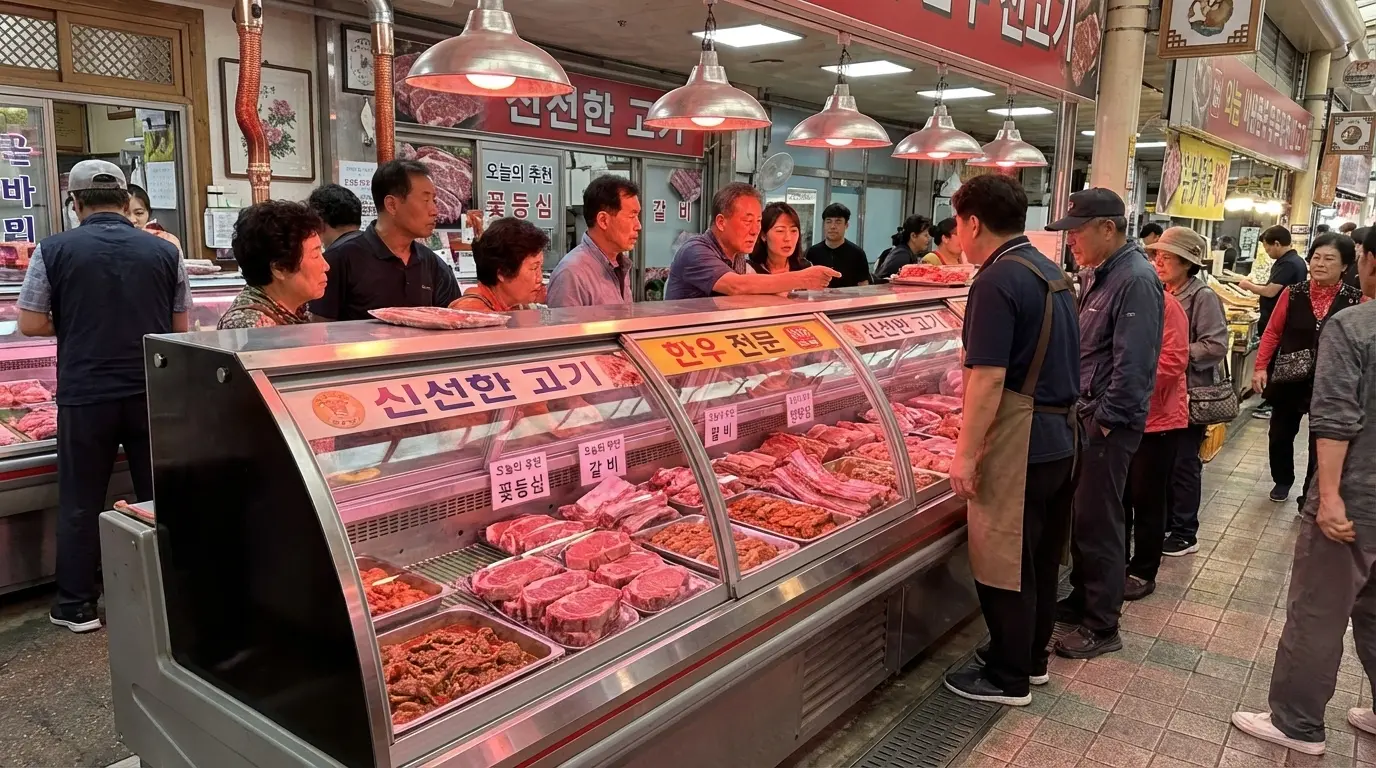 정육점에서 붉은색 특수 조명을 받아 신선해 보이는 고기들이 진열된 오픈형 정육 쇼케이스