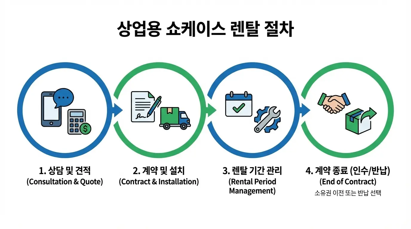 쇼케이스 렌탈 상담부터 설치, 관리, 계약 종료까지의 과정을 알기 쉽게 표현한 4단계 프로세스