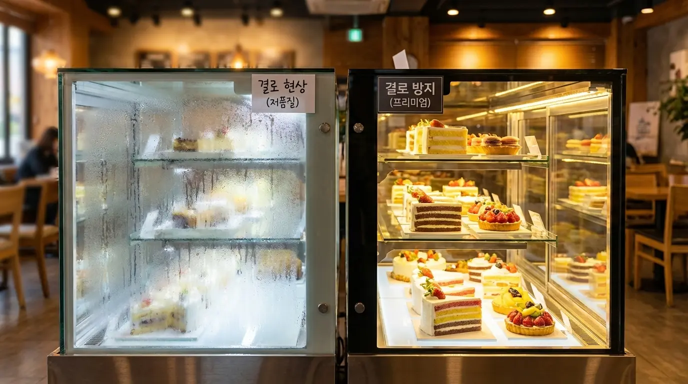 습기가 찬 일반 쇼케이스와 결로 없이 투명한 프리미엄 쇼케이스의 비교 모습