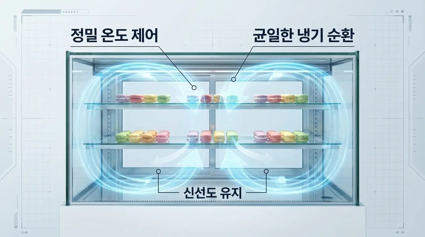 쇼케이스 내부의 정밀한 냉기 흐름으로 냉기가 마카롱 사이사이를 부드럽게 감싸는 모습
