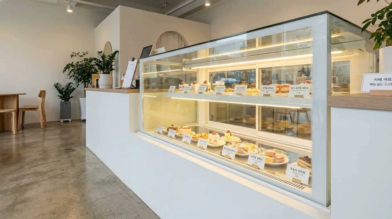 매장의 인테리어와 완벽하게 조화를 이루며 고급스러운 분위기를 자아내는 카페 카운터에 설치된 세련된 화이트 프레임 쇼케이스