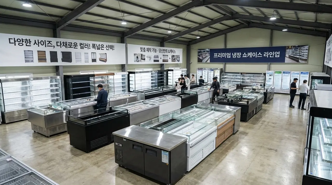 다양한 사이즈와 컬러의 쇼케이스 라인업이 전시된 전시장 내부 모습