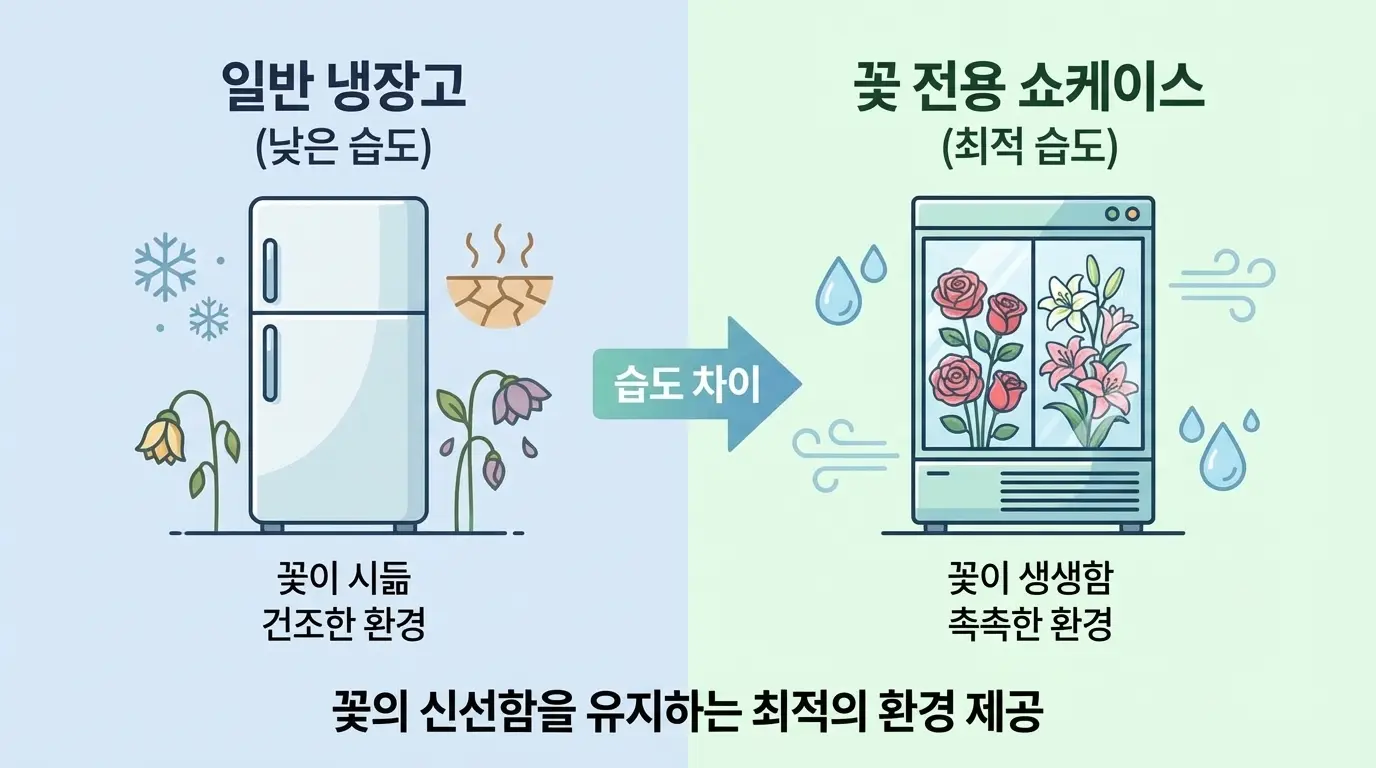 일반 냉장고와 꽃 전용 쇼케이스의 내부 습도 차이