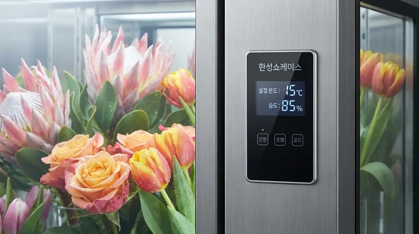 한성쇼케이스의 정밀한 온도 조절 패널과 그 안에서 싱싱하게 보관된 프리미엄 수입 꽃들