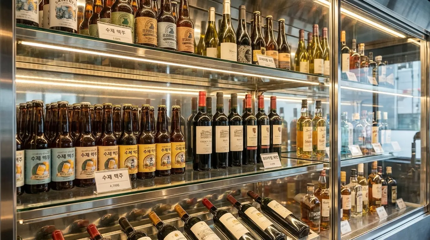 고객의 시선을 사로잡는 쇼케이스 내부의 정돈된 주류와 세련된 조명