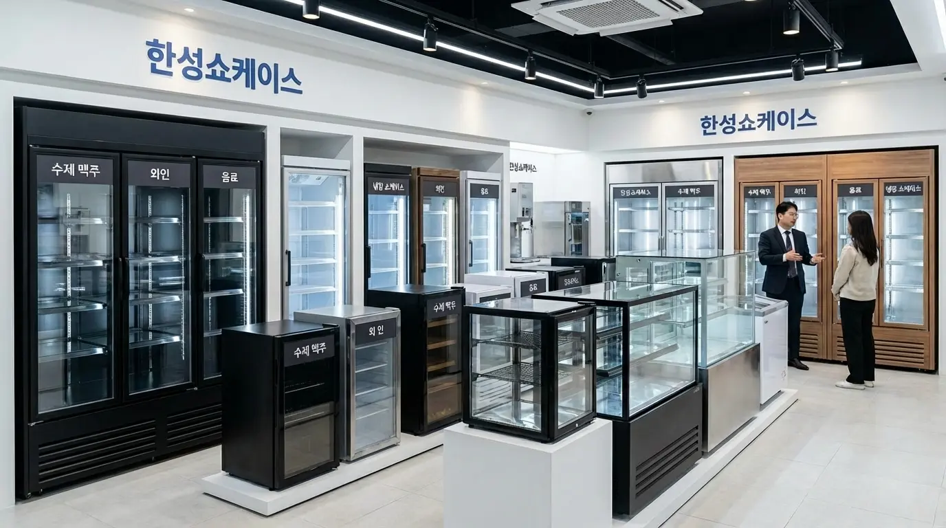  다양한 사이즈와 세련된 디자인의 한성쇼케이스들이 전시된 깔끔한 쇼룸의 모습