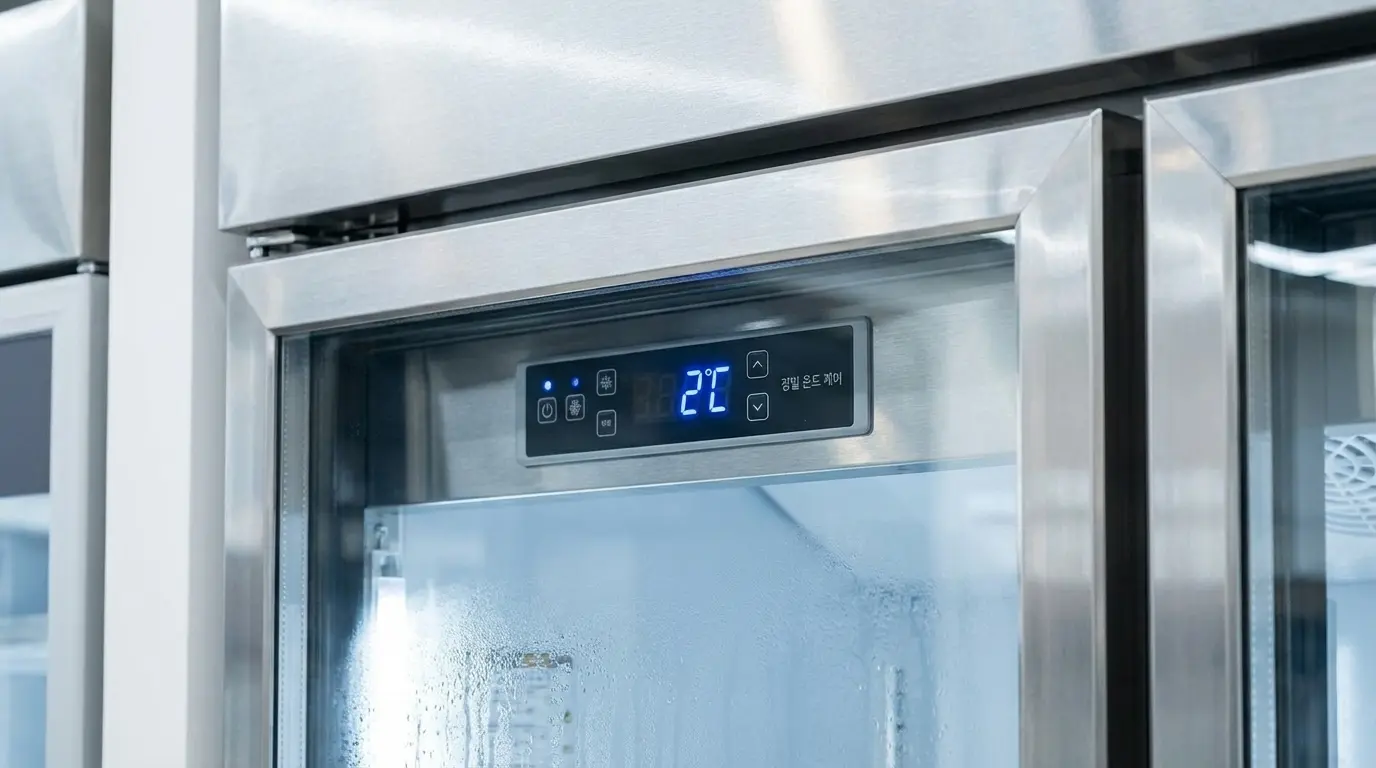 쇼케이스 내부의 디지털 온도 조절기가 정확한 수치를 가리키고 있는 디테일한 모습