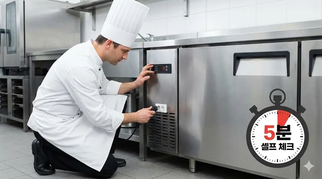 고장 난 냉장고 앞에서 점검을 고민하는 사장님