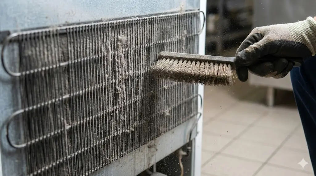 냉장고 하단 기계실 응축기 먼지를 청소하는 장면