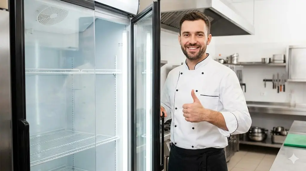 자가 점검을 마친 냉장고 옆에서 미소 짓는 사장님