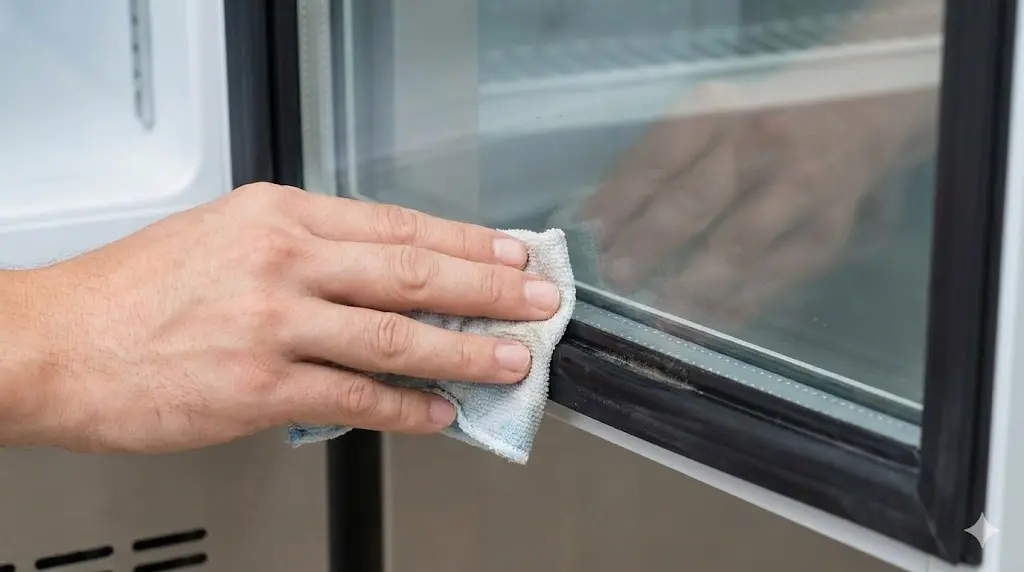 쇼케이스냉장고수리 결로 방지를 위한 도어 가스켓 세척 장면