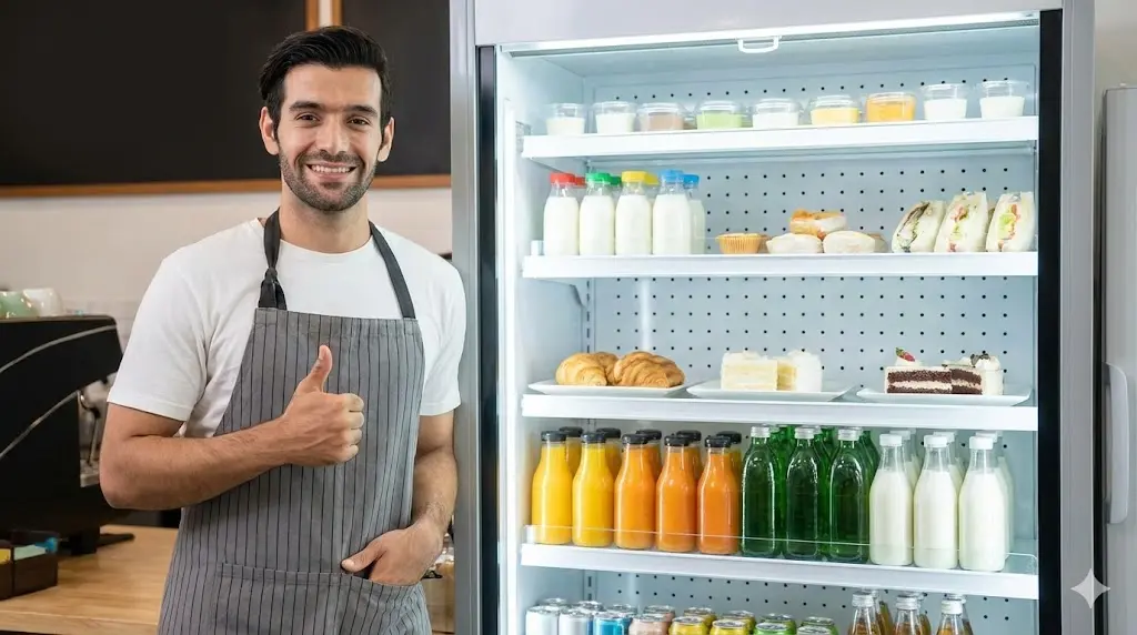  자가 점검을 마친 깨끗한 쇼케이스 옆에서 활짝 웃는 사장님