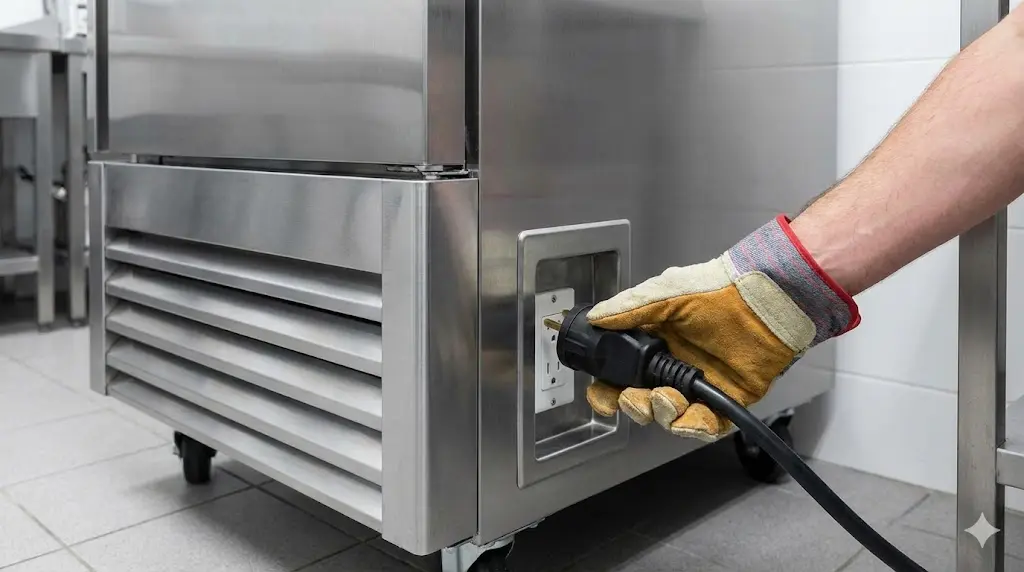 주방에서 냉장고 플러그를 점검하는 모습