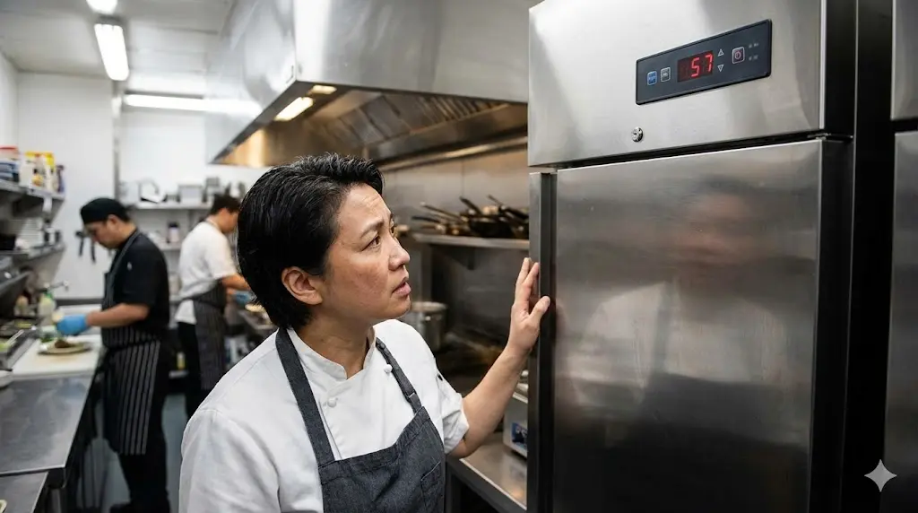 냉장고 배관 연결 부위의 오일 누설 흔적을 점검하는 모습