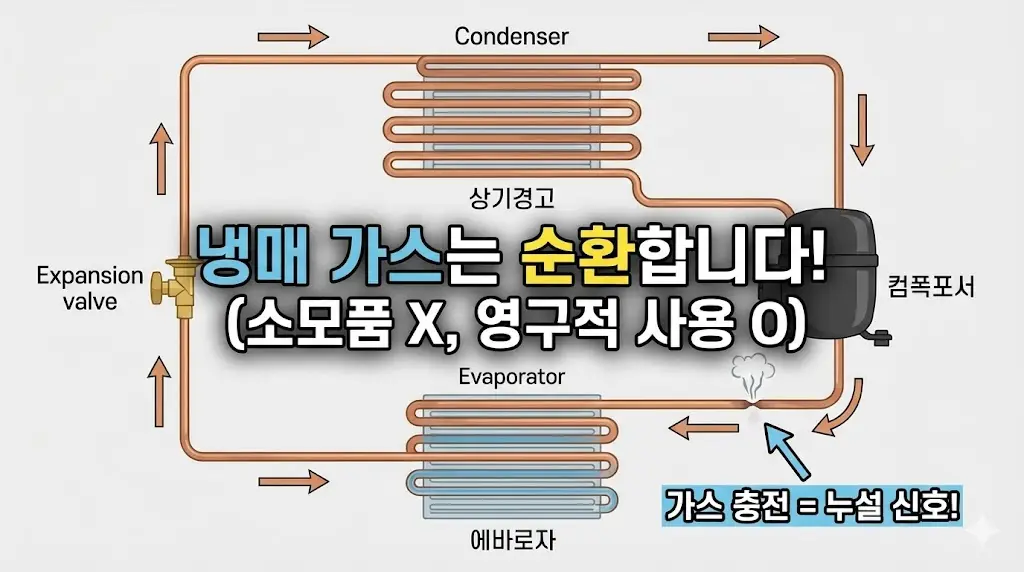 냉매 가스의 순환 원리와 가스 충전이 누설의 신호임을 설명하는 냉동 사이클 인포그래픽 구조도