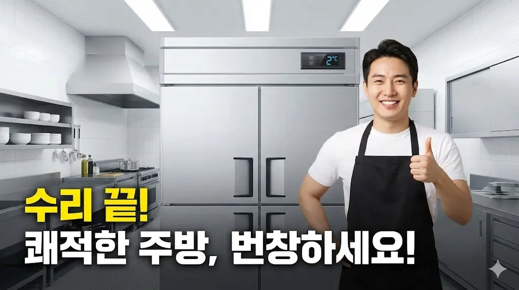 수리를 마치고 안정적인 온도를 유지하는 깨끗한 냉장고 전경