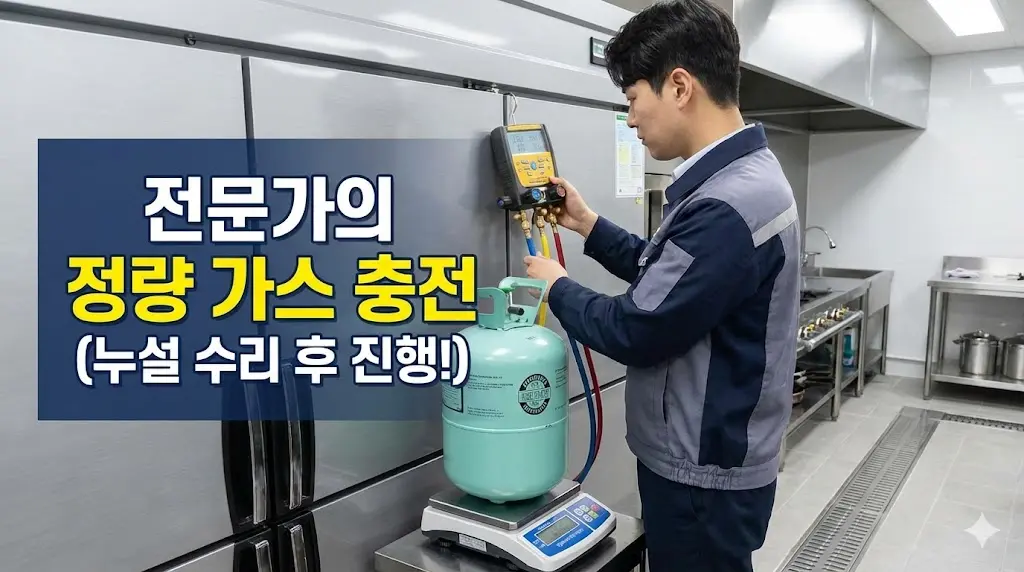 전문가용 게이지를 연결하여 정량의 업소용냉장고가스충전 작업