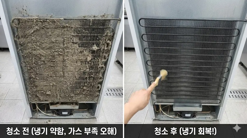업소용냉장고가스충전 전 응축기 먼지를 청소하며 냉기 확인