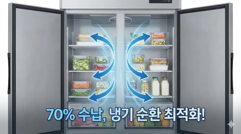 냉기 순환을 위해 내부를 70% 정도 여유 있게 채운 수납 형태