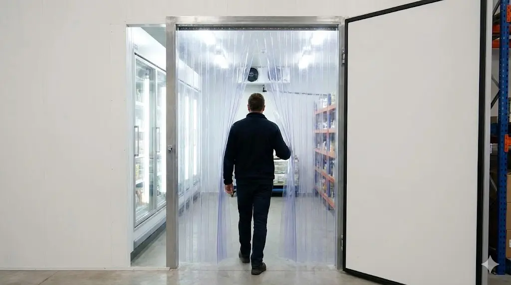 비닐 커튼 설치로 냉기 유입을 차단하는 효율적인 주방 관리 예시