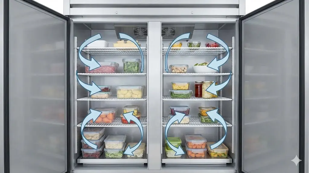 냉기 순환을 위해 냉장고 내부를 70% 정도 여유 있게 수납한 이미지