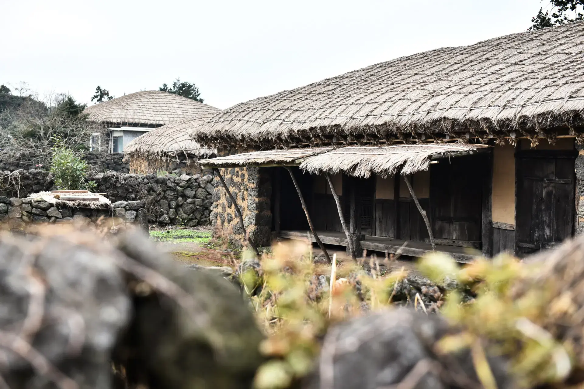 Traditional thatched-roof houses at Seongeup Folk Village in Jeju Island, South Korea, showcasing historic architecture and cultural heritage for family-friendly travel experiences.