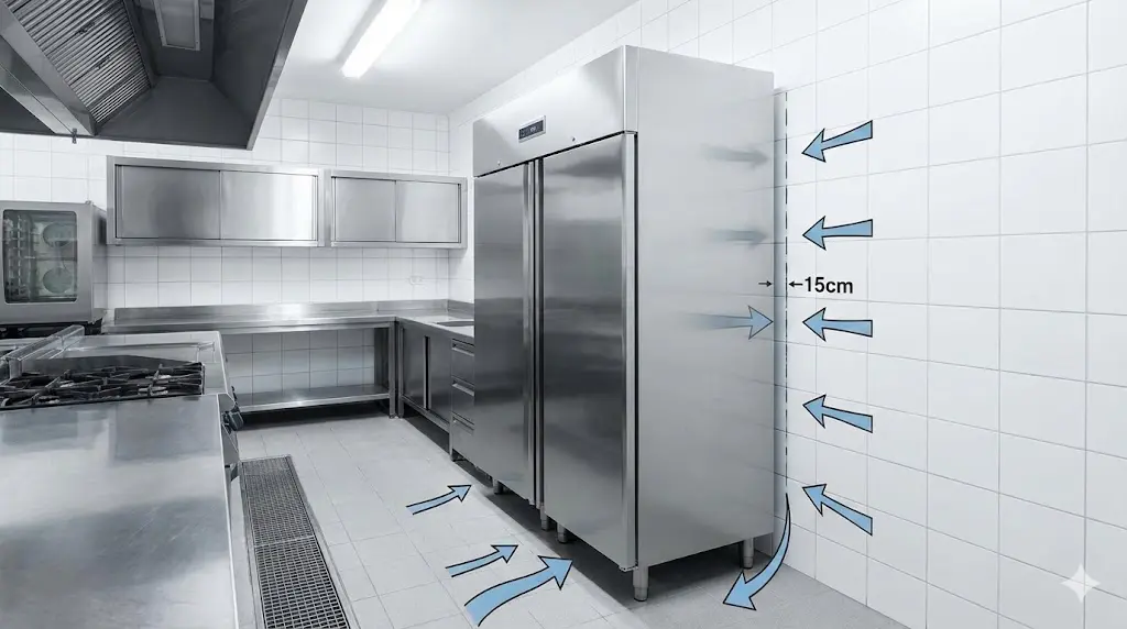 통풍을 위해 벽면과 거리를 두고 설치된 냉장고의 올바른 배치 모습