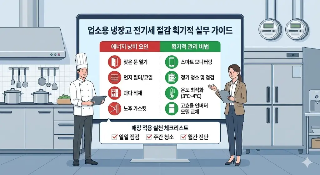 업소용 냉장고 에너지 관리 및 전기세 절감 실무 가이드와 매장 적용 체크리스트 인포그래픽.