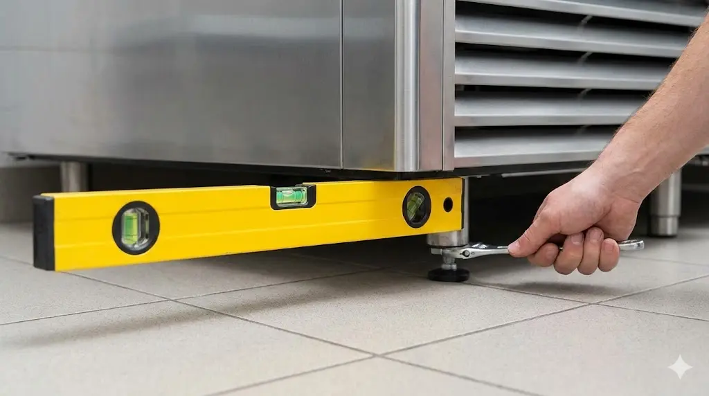 냉장고 소음 원인을 파악하기 위해 수평을 점검하는 사장님의 모습