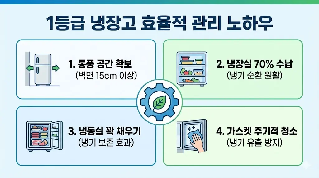 통풍 공간 확보(벽면 15cm 이상), 냉장실 70% 수납, 냉동실 꽉 채우기, 가스켓 주기적 청소 등 4가지 실천 노하우를 아이콘과 함께 설명하고 있습니다.