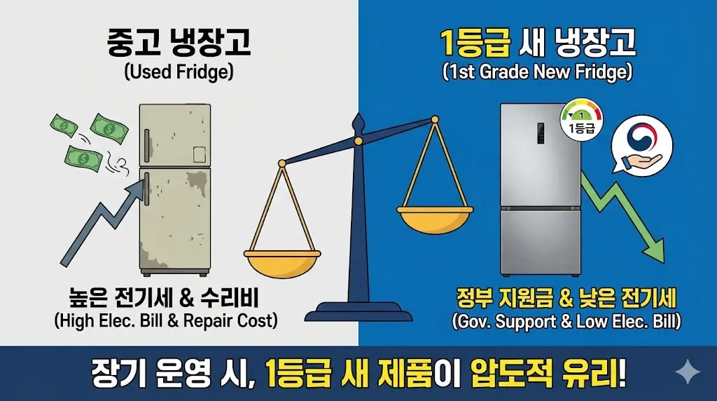 중고 제품의 높은 수리비 대비 1등급 새 제품의 정부 지원금과 낮은 전기료 혜택을 저울 그래픽으로 보여주며 '압도적 유리'함을 강조