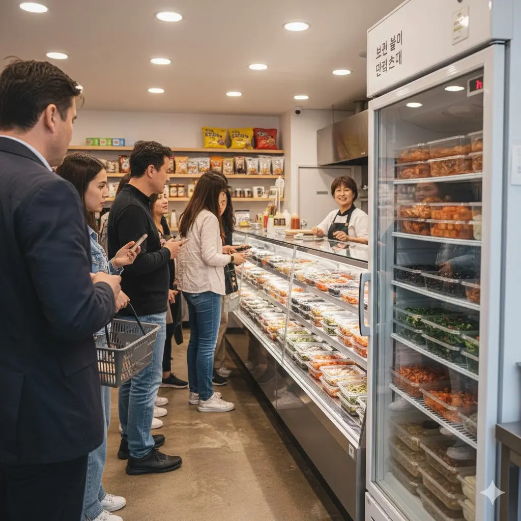 반찬쇼케이스중고 냉장고 내부에 스테인리스 반찬통이 줄지어 진열된 모습