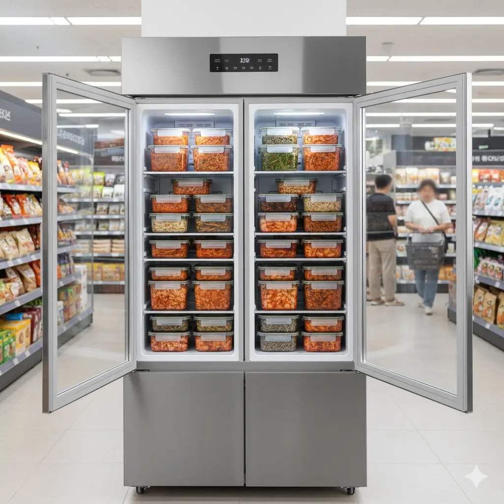 반찬쇼케이스중고 냉장고 문 패킹과 유리 프레임 마감 상태가 보이도록 가까이 촬영한 사진