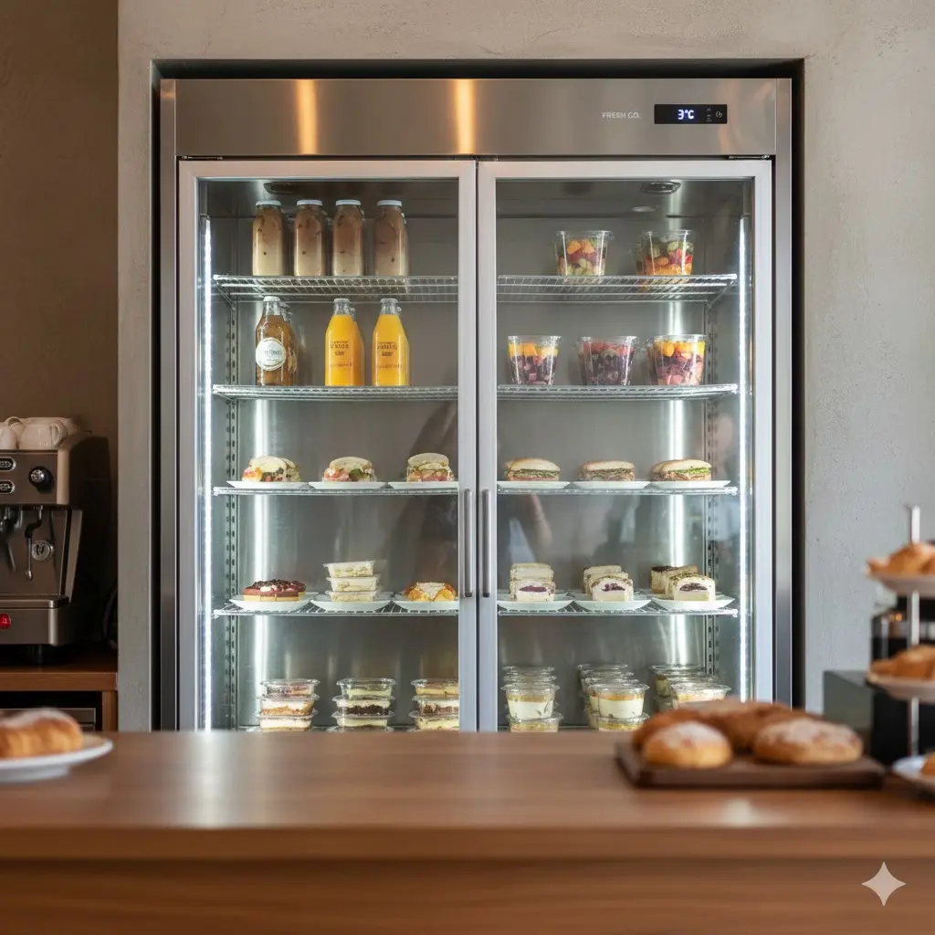 내구성이 중요한 업소용 스윙도어 냉장고의 견고한 스테인리스 외관과 내부 LED 조명이 켜진 고사양 쇼케이스 이미지