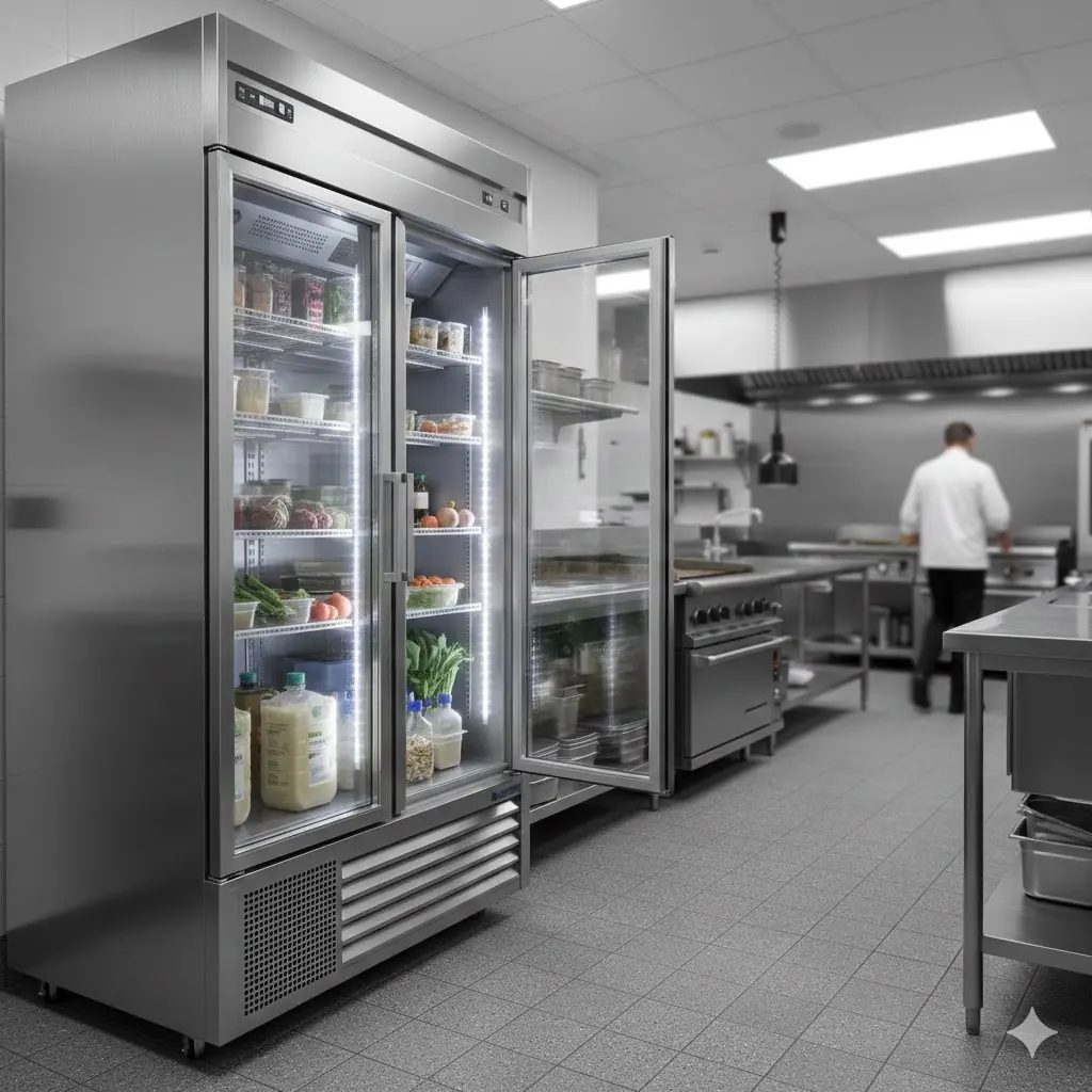 식재료가 가득 채워진 밝은 내부 LED 조명의 업소용 냉장고와 청결하게 관리된 대형 식당 주방 내부