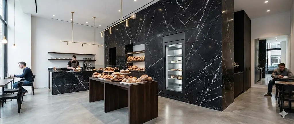 명품 매장 인테리어에 완벽하게 매립된 블랙 티타늄 업소용냉동고