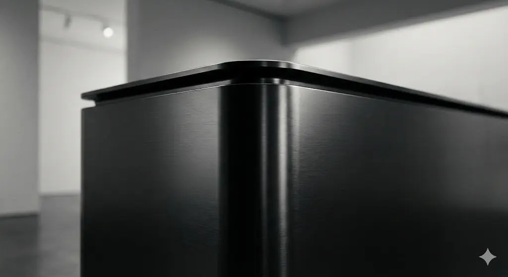 블랙 티타늄 소재 프리미엄 업소용냉동고의 매끄러운 모서리 마감 상세 사진