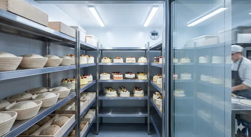 빵 반죽과 케이크가 보관된 베이커리 전용 워크인냉장고 내부