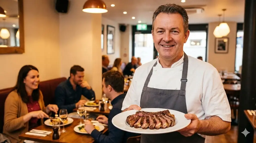 완벽하게 관리된 고기를 손님에게 자신 있게 선보이며 웃음 짓는 사장님