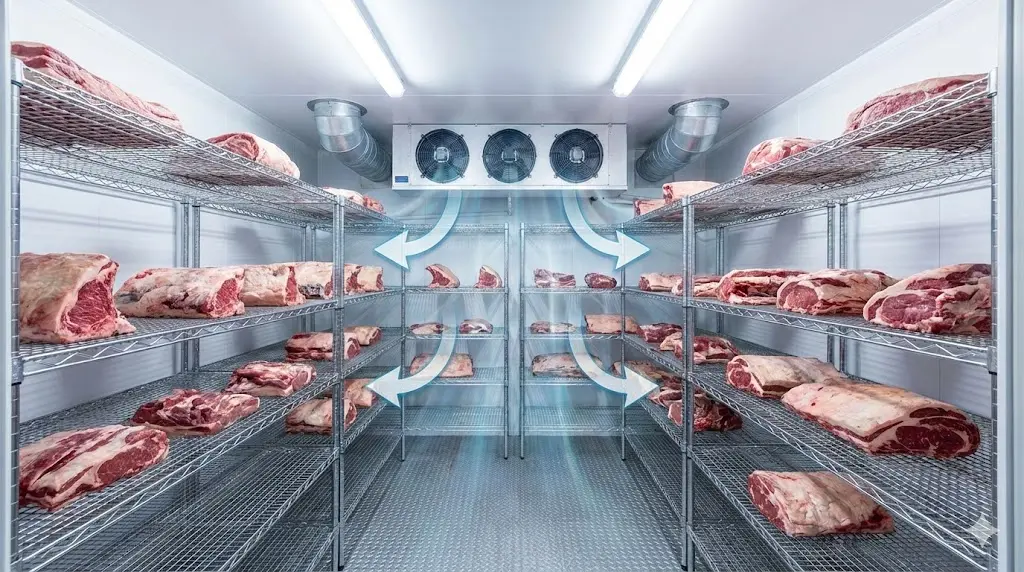 냉기 순환을 위해 적절한 간격을 두고 배치된 고기냉장고 내부 전경