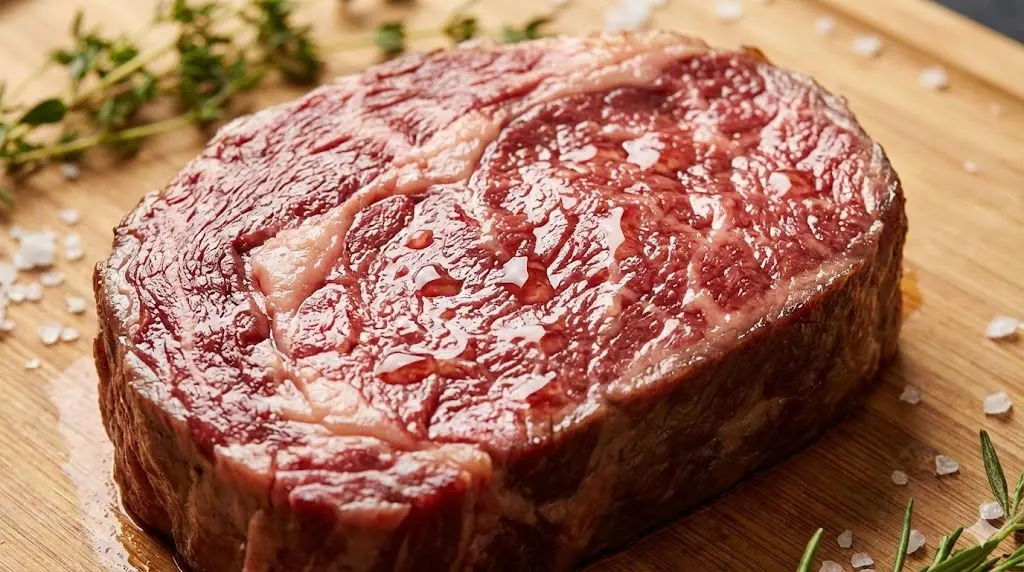 정온 보관을 통해 육즙이 꽉 찬 촉촉한 소고기 단면의 모습
