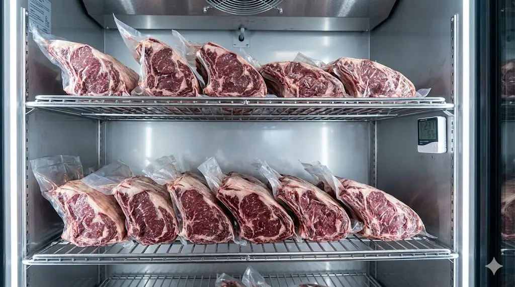 진공 포장되어 정온 상태에서 맛있게 숙성되고 있는 고기들